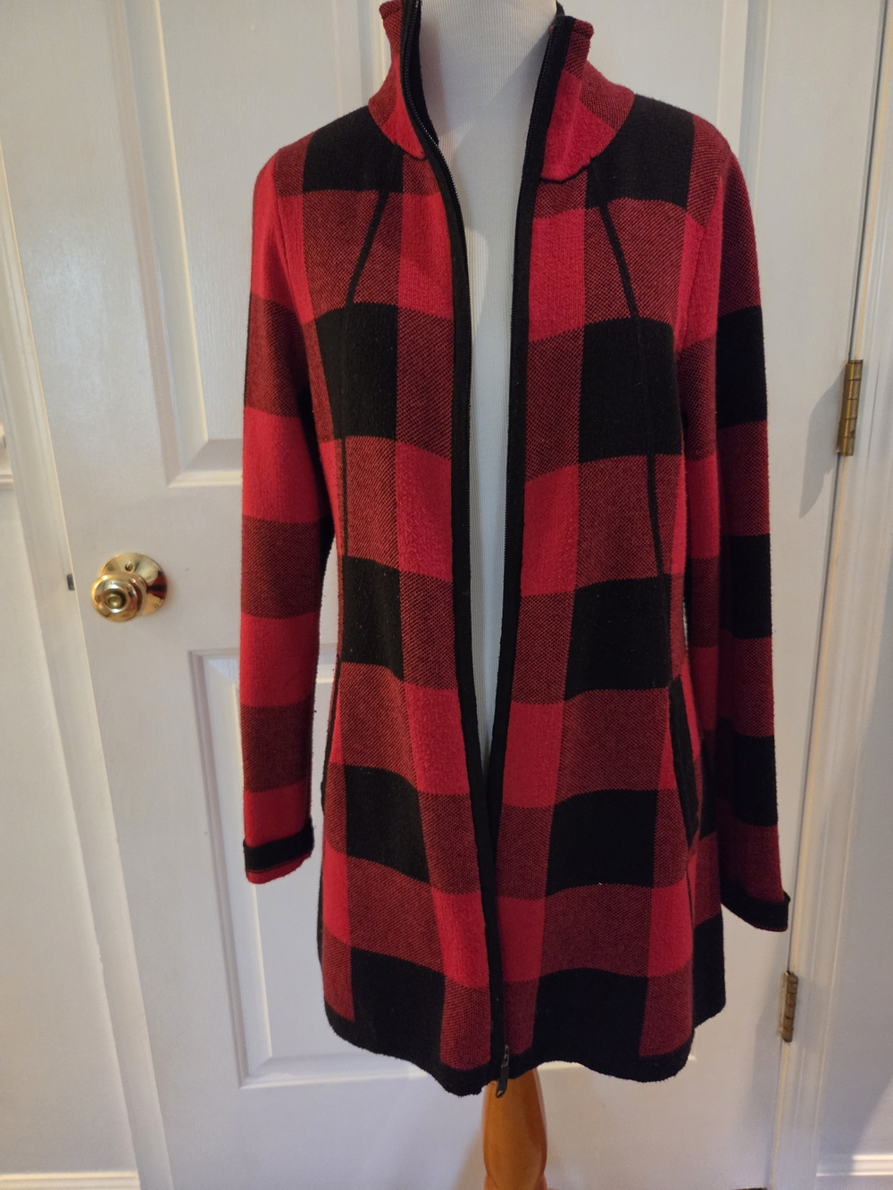 Adrienne Vittadini Red and Black Buffalo Plaid Zip-Front Trench Coat